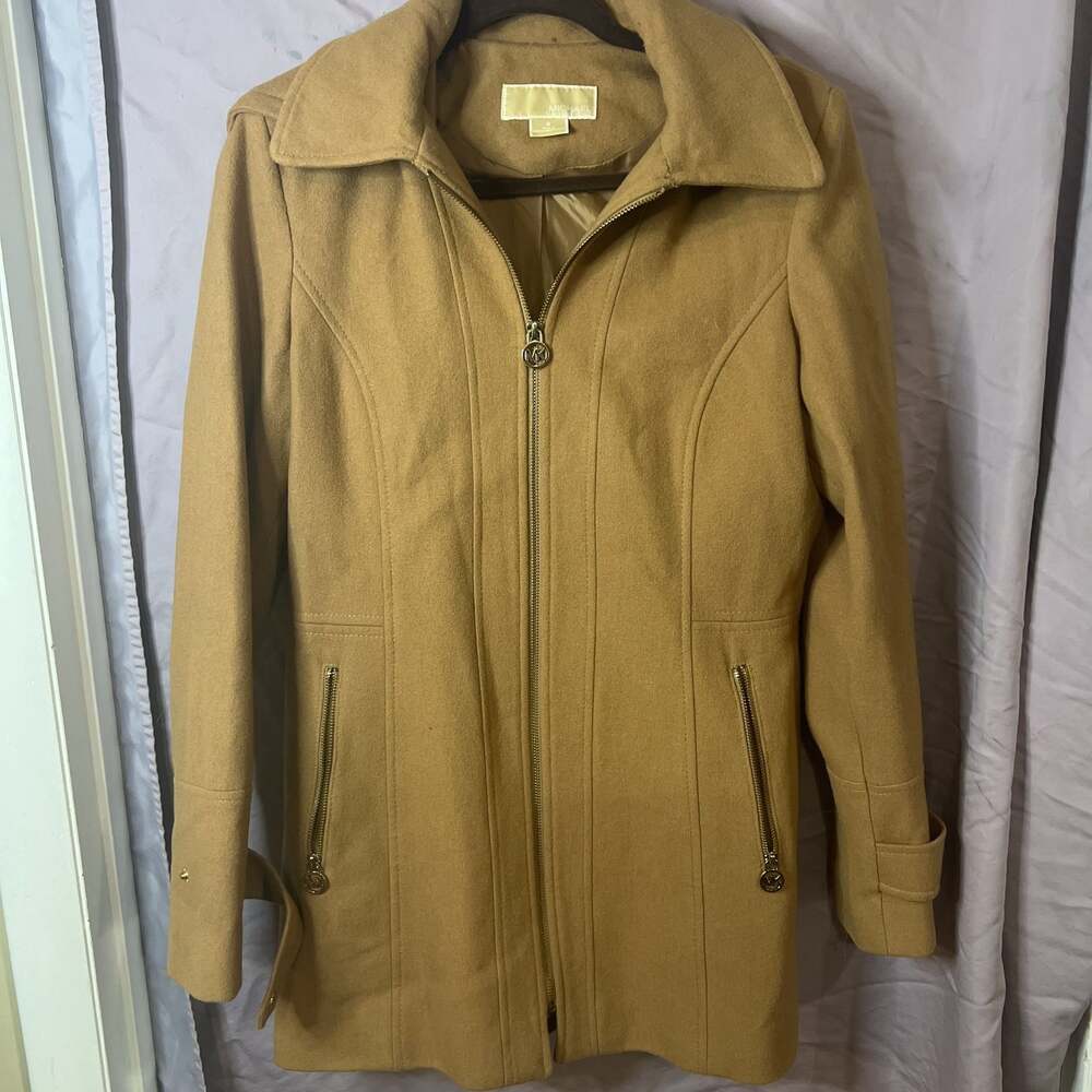 Michael Kors Women's Hooded-Stand Collar Zip-Front Coat Camel Brown Large NWT